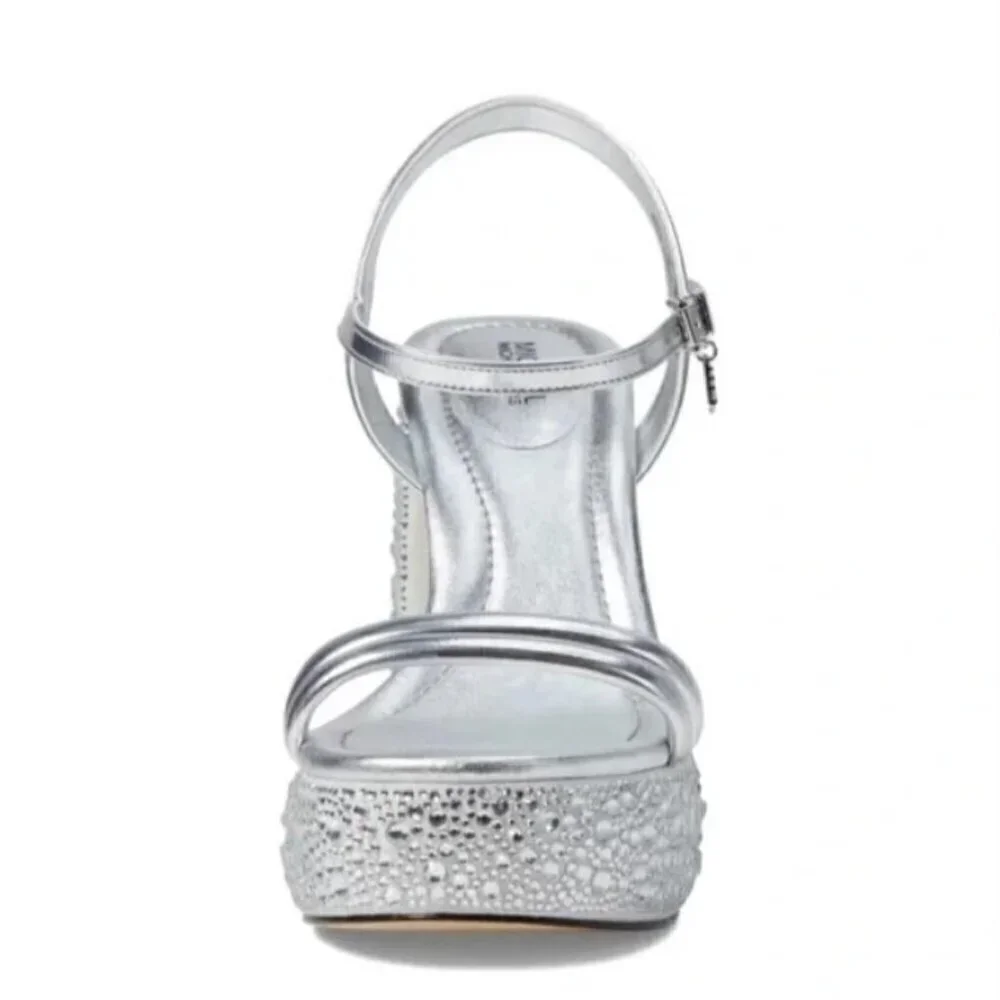 Michael Kors‎ size 9 Laci Embellished Metallic Silver Leather Platform Sandals